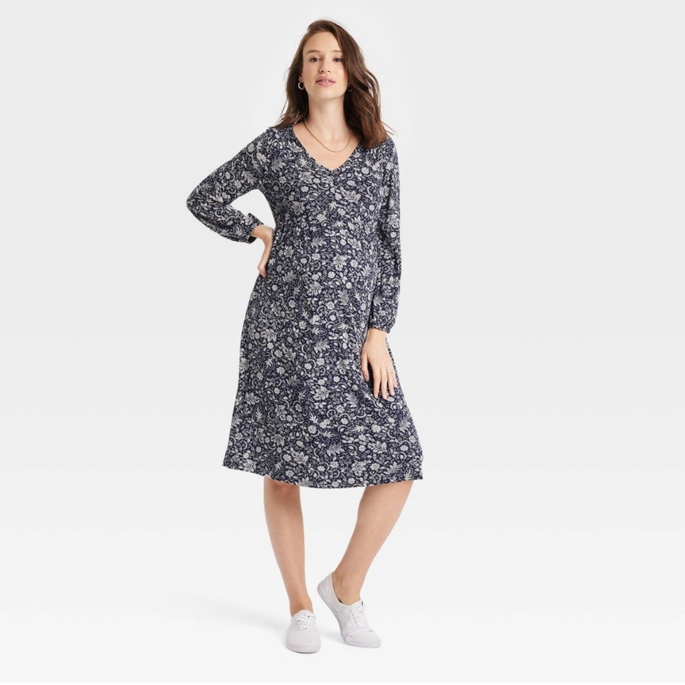 Midi Isabel Maternity Long Sleeve Smocked Shoulder Knit Maternity Dress